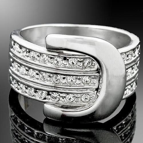 GORGEOUS CZ BUCKLE WHITE GOLD DRESS RING-sz 8/9.5